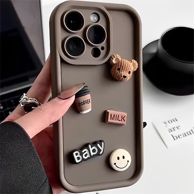 Phone Case for Apple 17, Women's iPhone 16 3D Coffee Bear Figure 18 Pro Max Soft Case 14 Cartoon 15