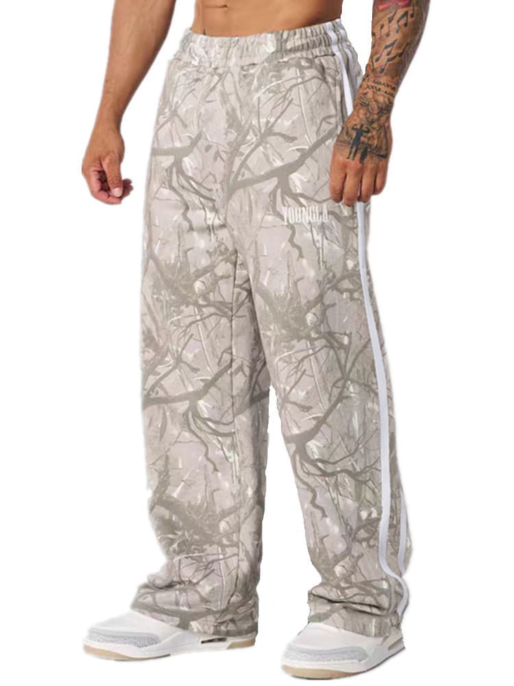 YOUNGLA American Style New Men's Athletic Pants Double-Stripe Panel Print Casual Straight-Leg Basketball Training Pants