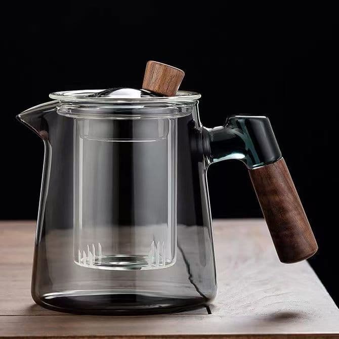 High-Temperature Resistant Glass Teapot with Wood Handle and Filter, Stove-Side Tea Boiling Pot, Heat-Resistant Glass Fairness Cup, Gongfu Tea Set