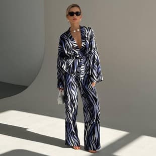 2025 Fall/Winter New Design Fashion Print Pajamas Long Sleeve Cardigan Sleep Pants Set Cross-Border European and American Loungewear