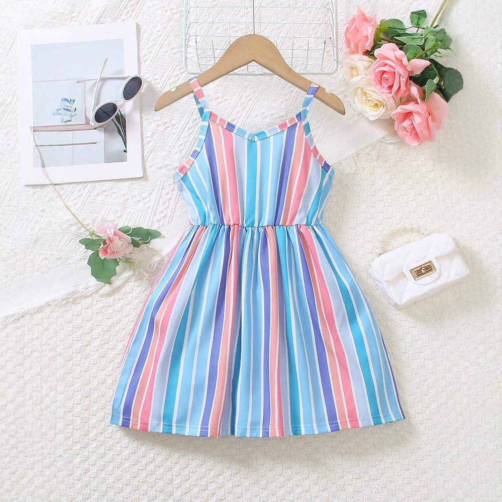 Girls Stripe Colorful Strap Dress Children's Clothing 3-8 Years Old Princess Dress Polyester Fabric A-Line Skirt Summer Wear
