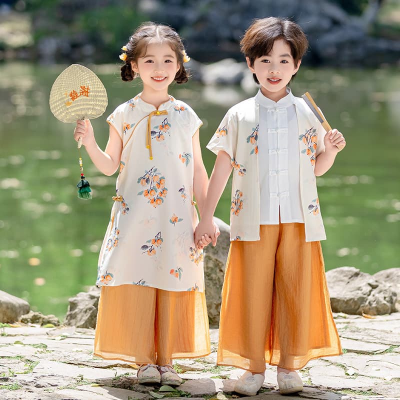 Summer New Chinese Style Girls' Cheongsam Suit Temperament Chinese Style Children's Tang Suit Two-piece Set Boy Photography Suit Hanfu