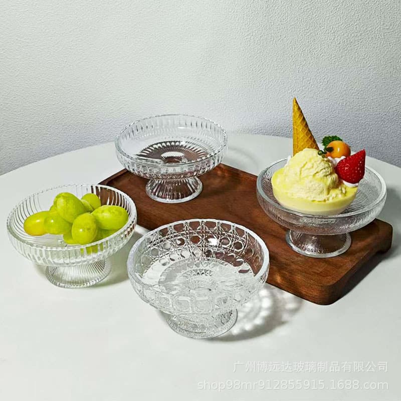 Attractive Dried Fruit Plate Tree Grain Glass Fruit Plate High-Footed Exquisite Ice Cream Bowl Pastry Plate Snack Display Plate