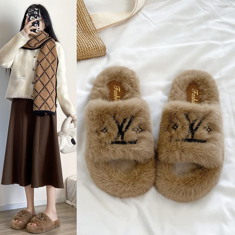 Cross-border Fashion Same Style Furry Slippers 2025 Autumn Winter Korean New Embroidery Plush Non-slip Thick Sole Wholesale