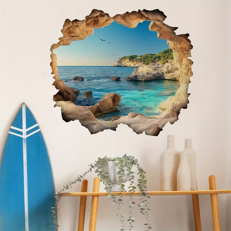 Cross-border personalized ocean wall wallpaper for bedroom, living room, children's room decoration, scenic sea view self-adhesive sticker
