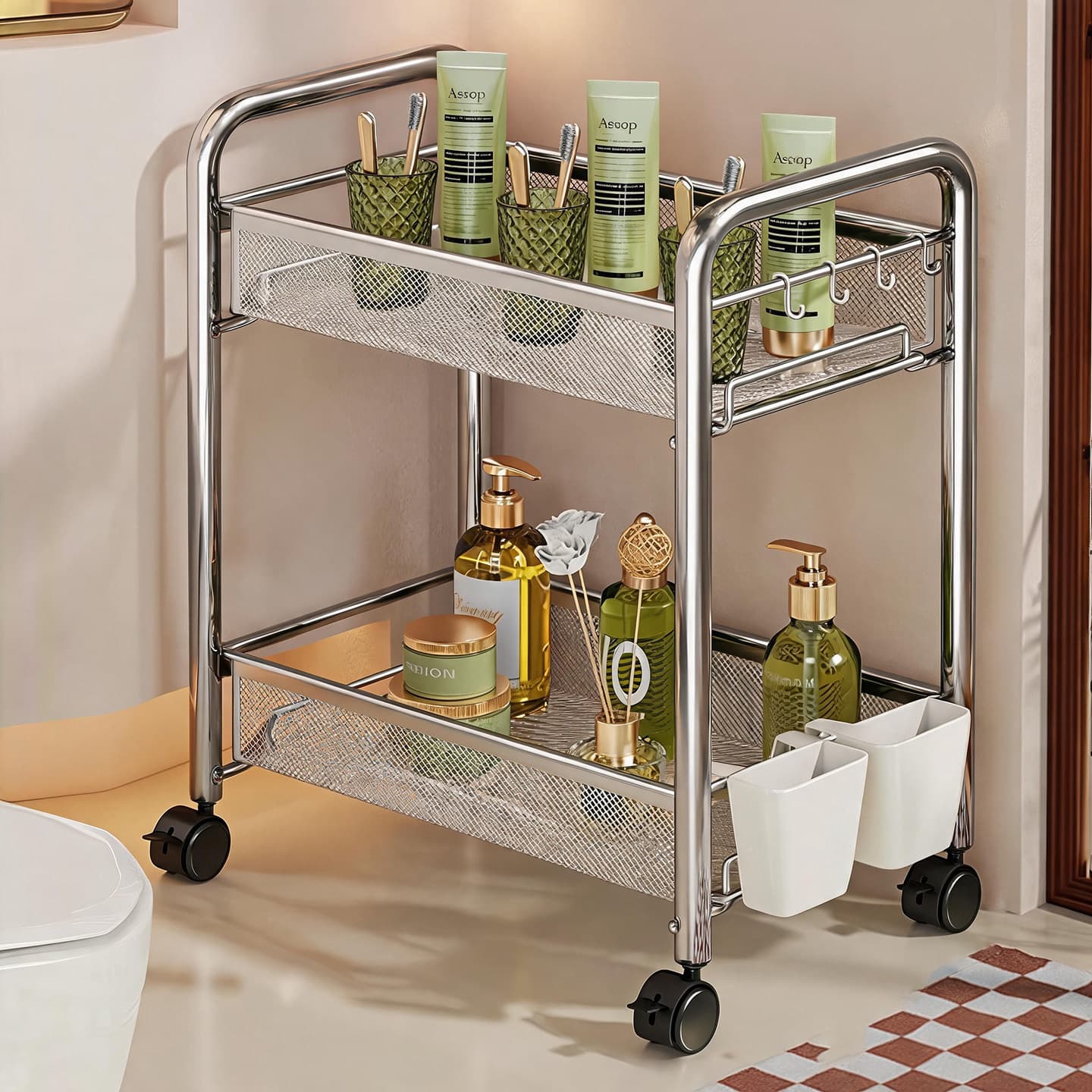 Bathroom Storage Rack, Multi-Functional Organizer for Bathroom, Slim Rolling Cart for Toilet, Floor Standing Gap Shelf