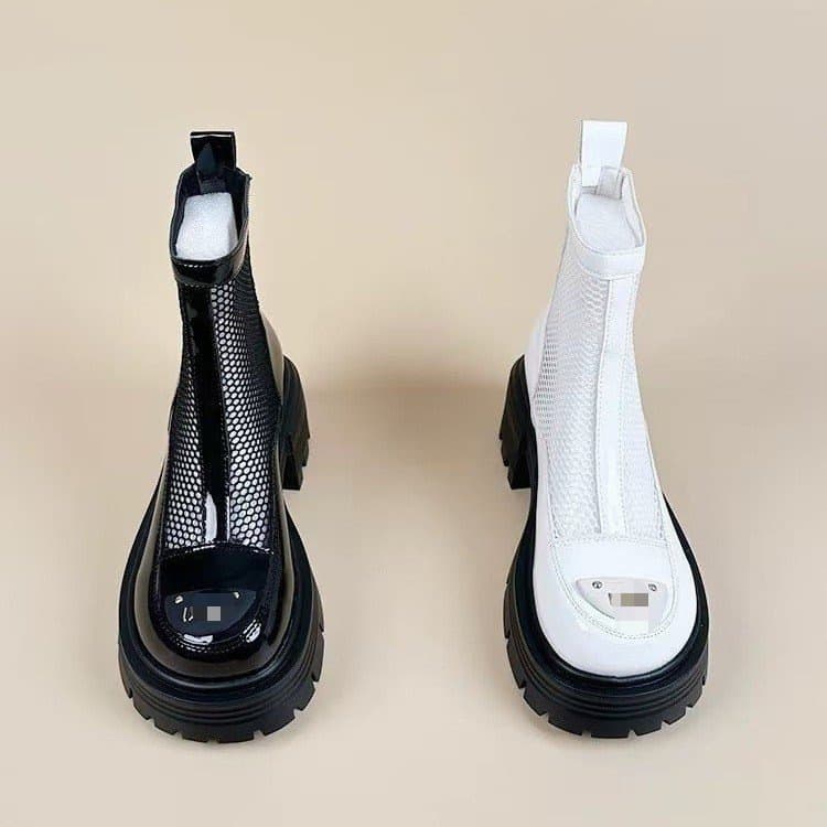 Thick Sole Patent Leather Mesh Martin Boots for Women 2026 Summer Thin Short Boots British Style Hollow Breathable Sandal Boots