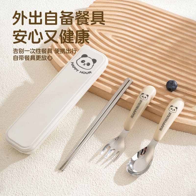 304 Stainless Steel Kids Tableware Baby Specific Cartoon Meal Thickened Wide Spoon Chopsticks Set with Storage Box