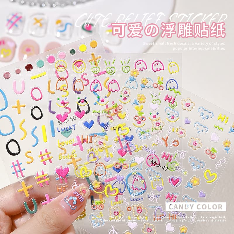 3D Embossed Nail Art Stickers Thin Flexible Adhesive Durable Floral Bear Line Graffiti Design Nail Patches for Beauty Enthusiasts