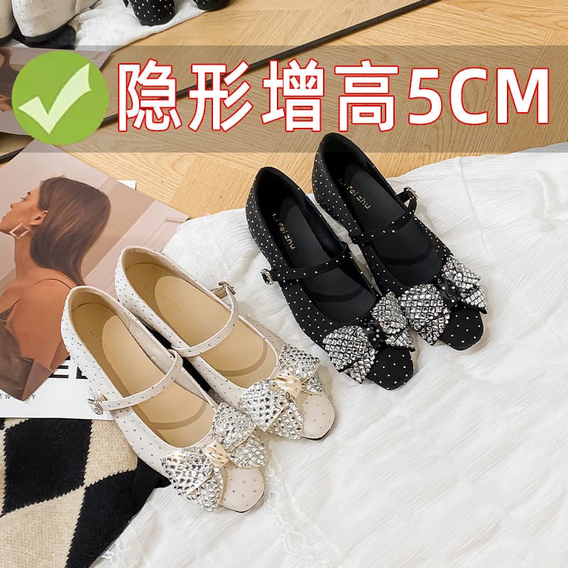Suede Edition ~ Chanel-style Bow Rhinestone Bow Inner Height Ballet Flats for Women, Satin Fairy Ballet Shoes