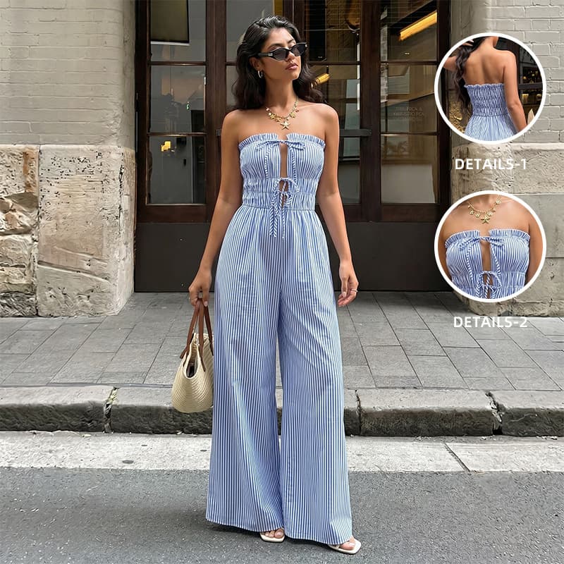 Tiktok Cross-Border 2026 New Retro Vacation Style Jumpsuit with Striped Ruffles, Strapless Tie-Up Long Jumpsuit