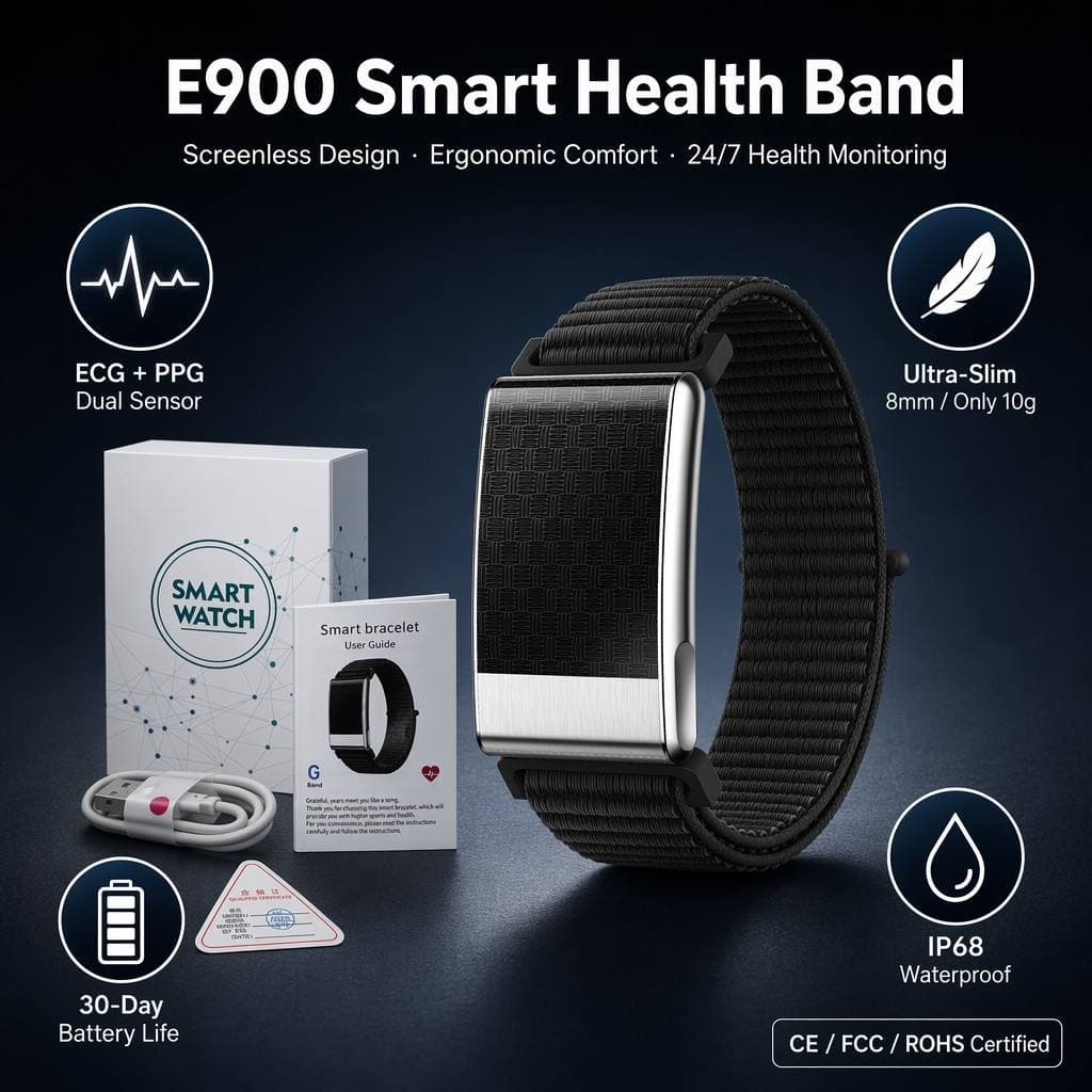 E900 Smart Bracelet ECG ECG Body Temperature Blood Sugar Pressure Monitoring Deep Waterproof Outdoor Screenless Sports Bracelet