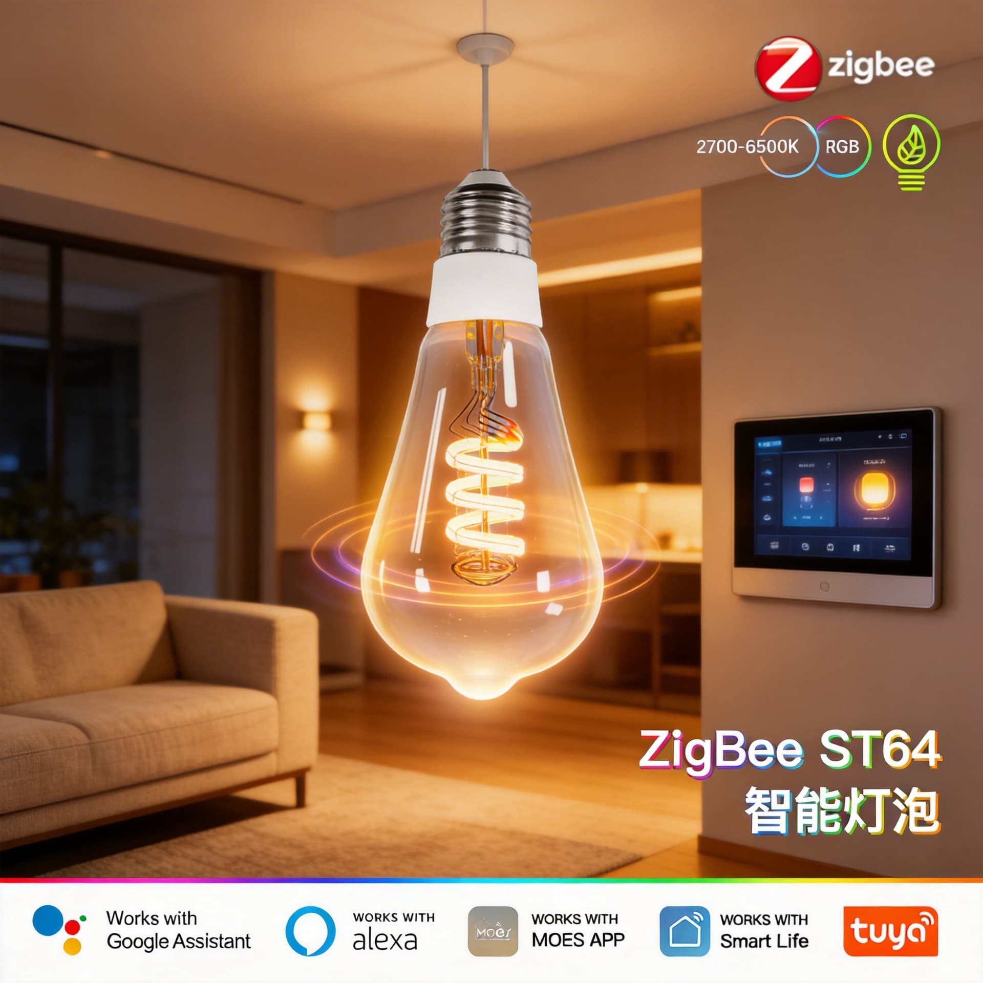 Zigbee Tuya Smart Home ST64 Smart Light App Control Music Rhythm 5W Smart Filament-Look Bulb