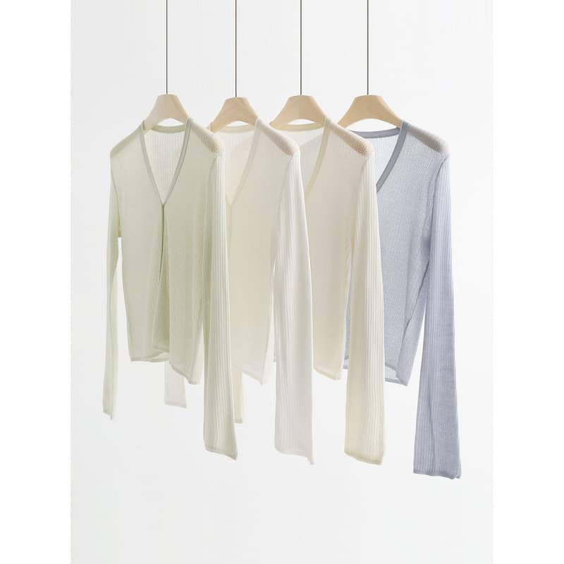 Tencel V-Neck Rolled Hem Hollow Knit Cardigan Spring/Summer Thin Sun Protection Air Conditioning Cardigan Jacket Top Women 5516