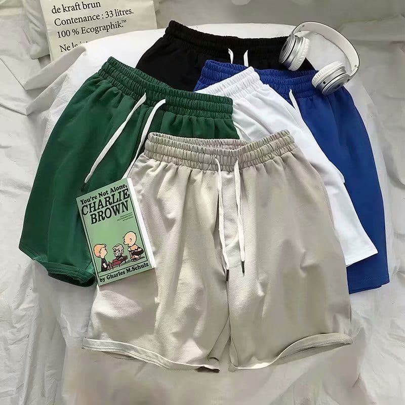 Summer Men's Youth Sports Shorts Casual Korean Style Loose Beach Pants Solid Color Trendy Wide Leg Pants