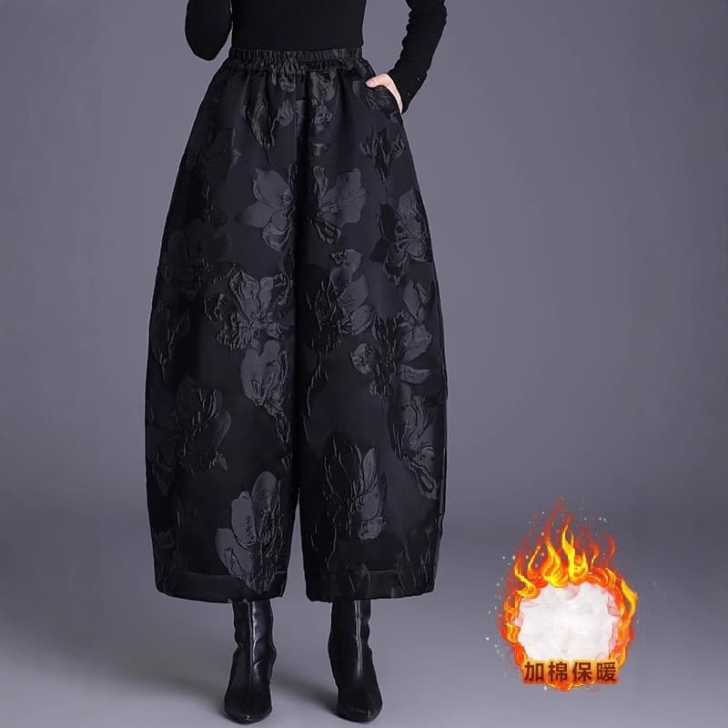 High-end Embroidery Jacquard Wide-leg Pants Women 2025 Spring Autumn New Thermal Down Cotton Pants Cropped Lantern Pants Bootcut Pants