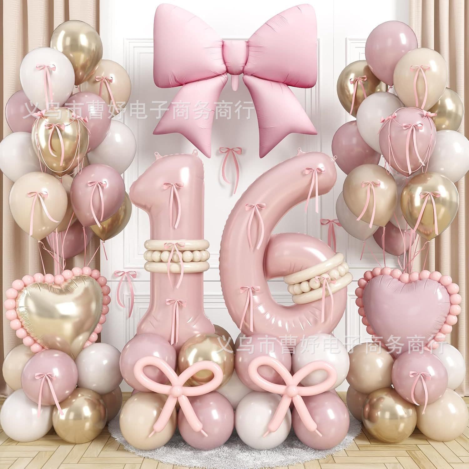 Pink Bow Number 16 Balloon Set Birthday Party Scene Decoration Photo Props Girl Atmosphere