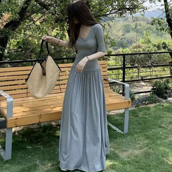 Elegant Ballet Style Gray U-Neck Summer Dress, Slimming Long Dress with Waist-Cinching A-Line Flared Skirt