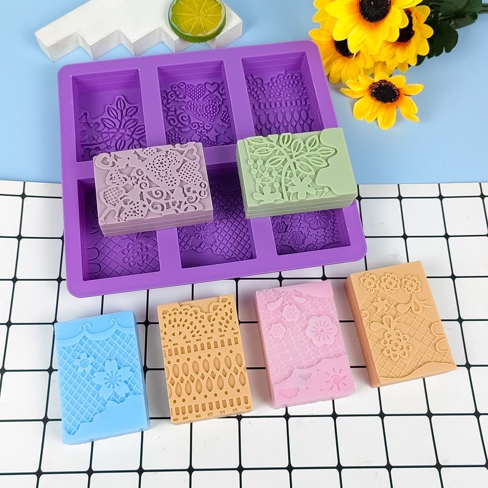 Six-Hole Rectangle Lace Pattern Silicone Mold Handmade Soap Mold Cold Process Soap Mold Cake Chocolate Decoration Mold