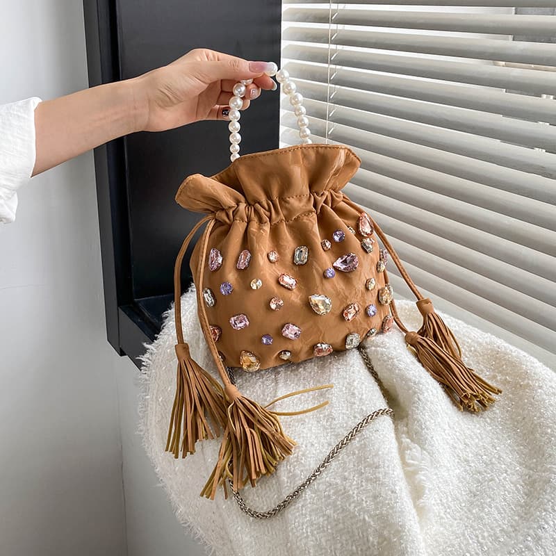 Cross-border Fairy Bag Women's New Sparkling Rhinestone Drawstring Bucket Bag Trendy Surprise Bag Niche Chain Crossbody Bag