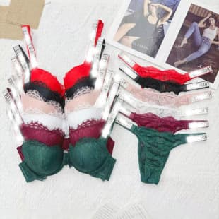 Victorya Victoria's Secret Fashion Sequin Rhinestone Lingerie Set Lace Bra Push-Up Thick Padded