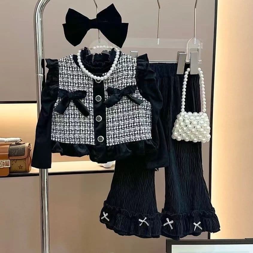 Girls' Spring Set 2026 Hot Style, Korean Baby Girl Little Fragrance Vest Flared Pants, Girl Spring-Autumn Two-Piece Set Trendy