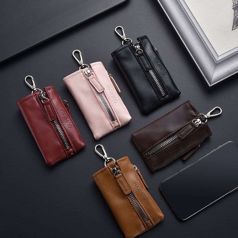 Women's zipper soft leather retro key bag men's key bag leather women's coin purse waist trailer key bag