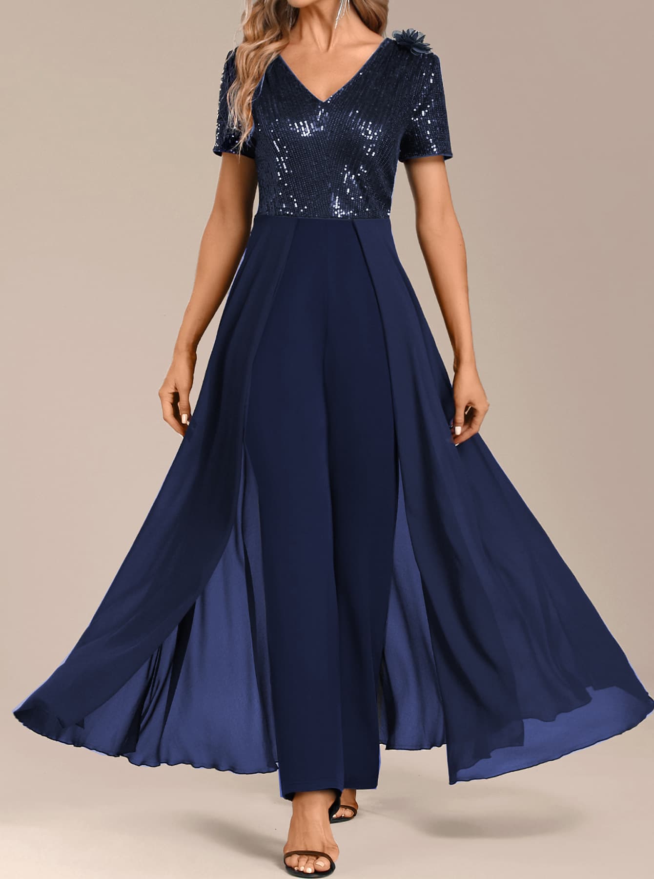 New European and American Solid Color Chiffon Sequins Patchwork Women's Jumpsuit for Cross-border Amazon