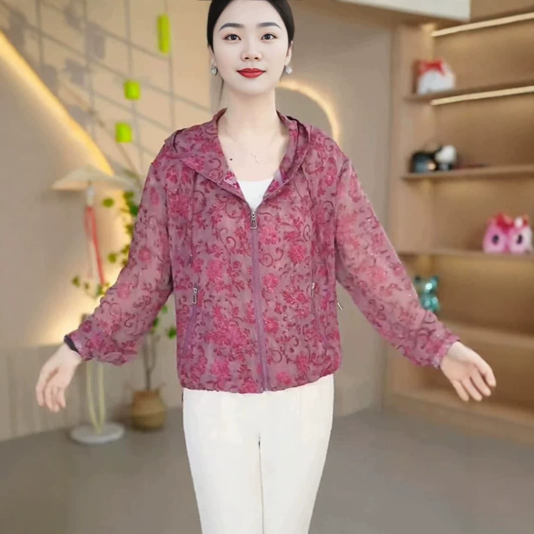 Women's Short Summer Sun Protection Jacket, New Style, Hooded Patterned Zip-Up Cardigan, Thin Loose Fit Jacket, Plus Size