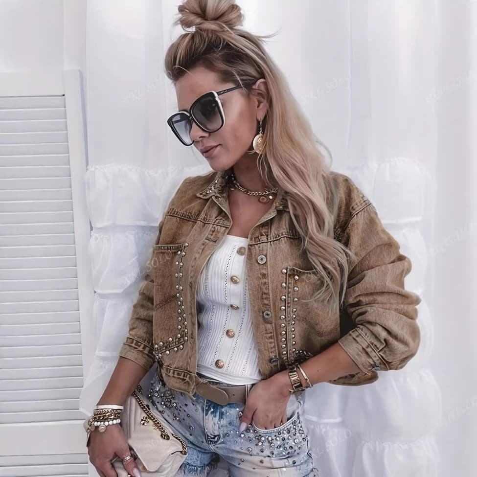 HME Women's Denim Jacket Fashion Street Rivet Short Jacket Top Outerwear Export SHEIN