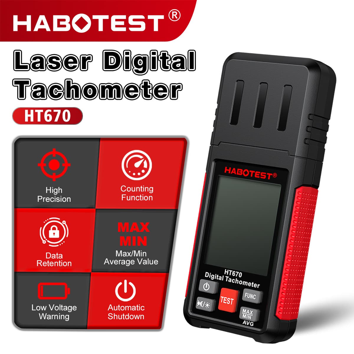 HABOTEST HT670 Tachometer Photoelectric High Precision Digital Handheld Industrial Digital Tachometer