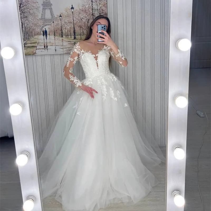 French Fairy One-Shoulder Lace Wedding Dress 2026 New Style Bride Train Slimming A-Line Long Sleeve Wedding Gown