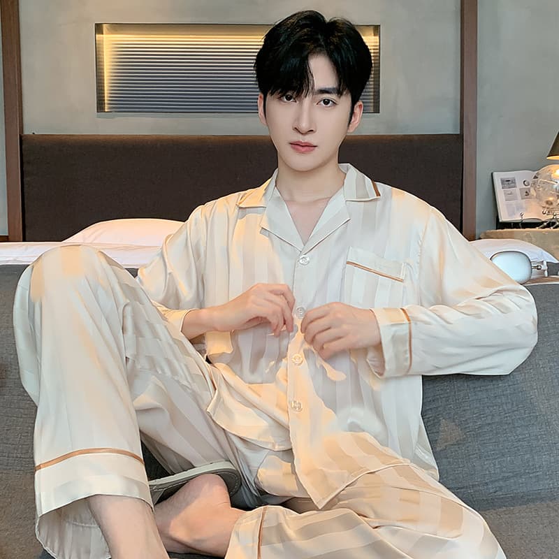 Men's Pajamas Ice Silk Long-Sleeve Set 2026 New Spring and Autumn Plus Size Loose Fit Large Size Thin Style