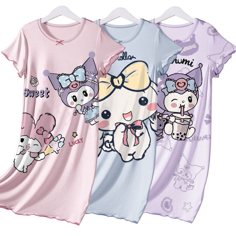 Girls Summer Ice Silk Thin Short Sleeve Sleepwear Cute Cartoon Home Clothes Children's Clothing Polyester Fiber Casual Style