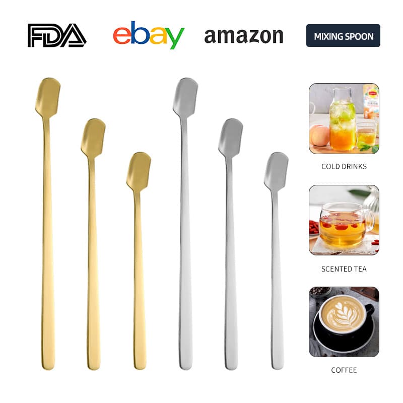 Stainless steel creative square-head spoon, long-handled coffee stirring spoon, dessert bird's nest spoon, mug gift spoon, gold