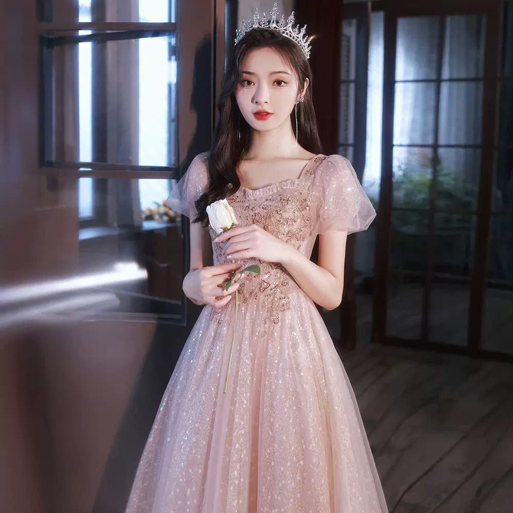 Pink evening dress female banquet temperament light luxury niche high-end high-end host art test performance costume princess dress