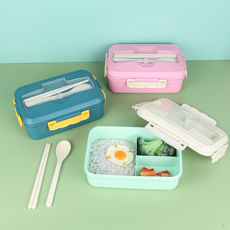 Plastic Lunch Box with Dividers Japanese Bento Box for Office Workers Students Carry Food Container Includes Fork Spoon Chopsticks