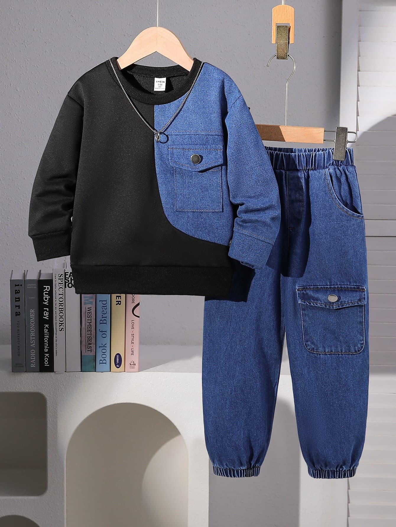 Cross-Border Kids' Fall/Winter Denim Set Black Round Neck Denim Patchwork Sweatshirt + Denim Long Pants Two-Piece Set