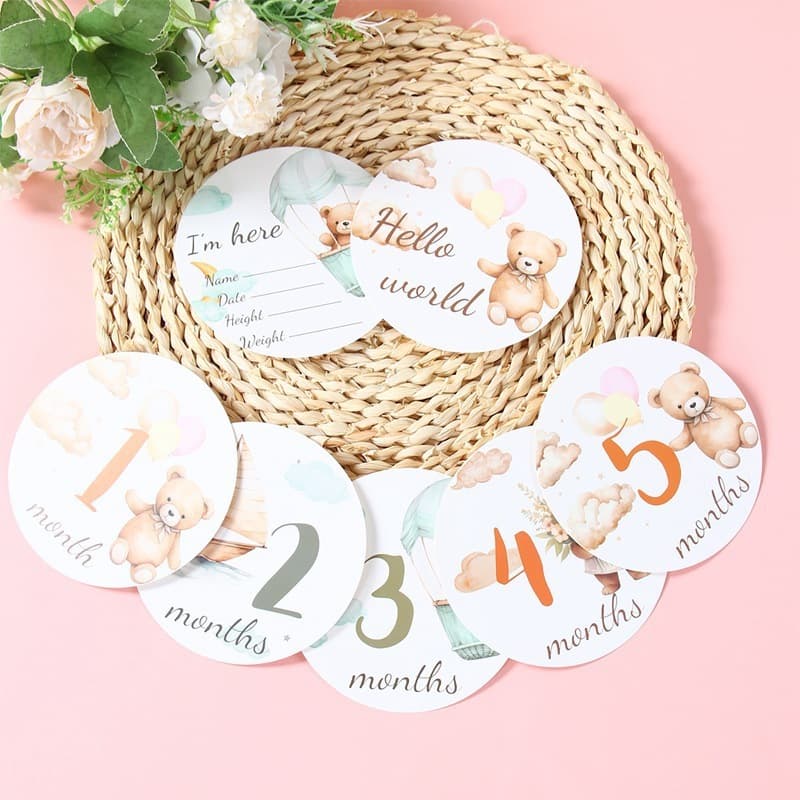 Bear Theme Baby Birth Announcement Cards Baby Birth Month Days Birthday Time Milestone Number Cards