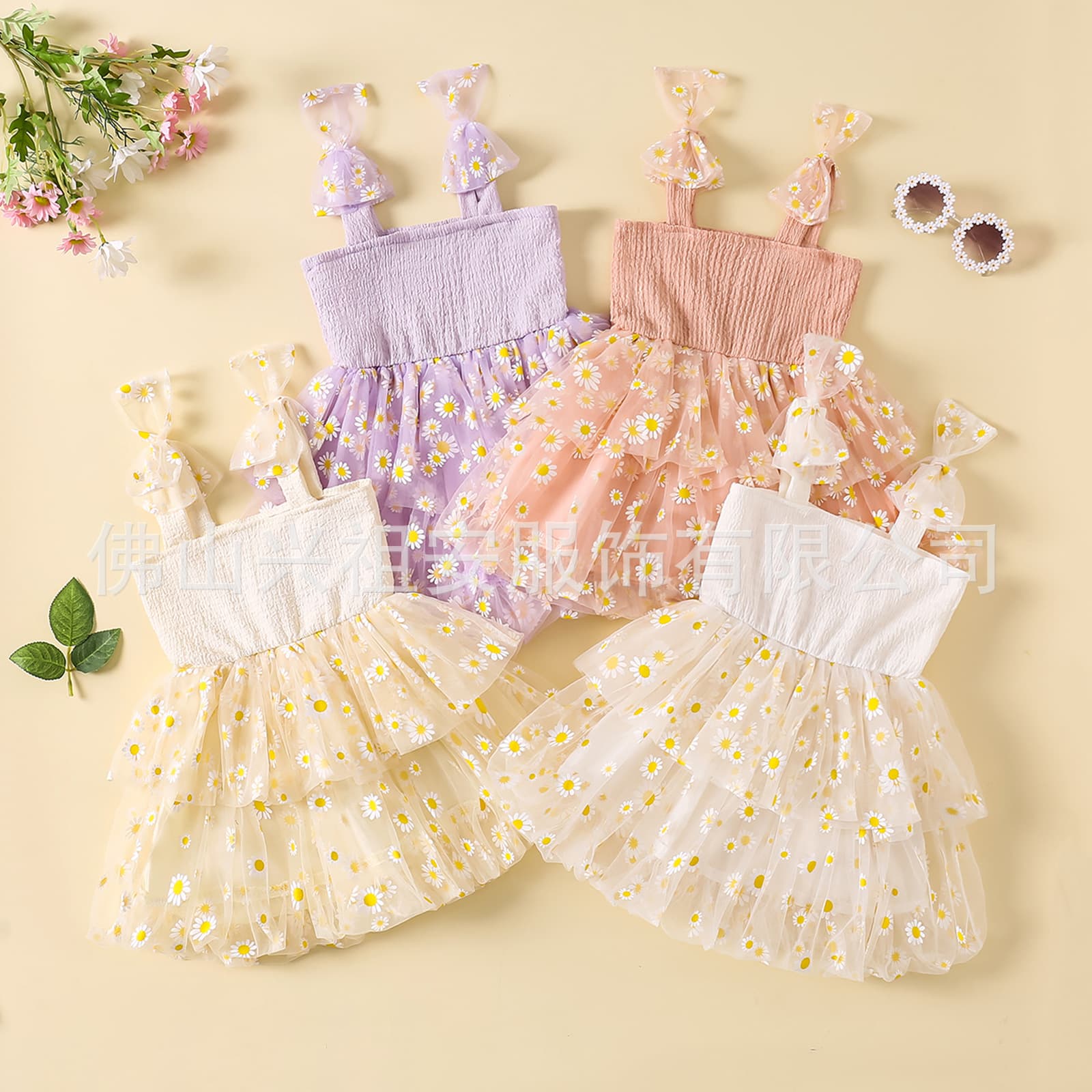 Cross-border Little Daisy Flower Mesh Girls Dress New Style Strapless Puffy Princess Dress Baby Beach Dress