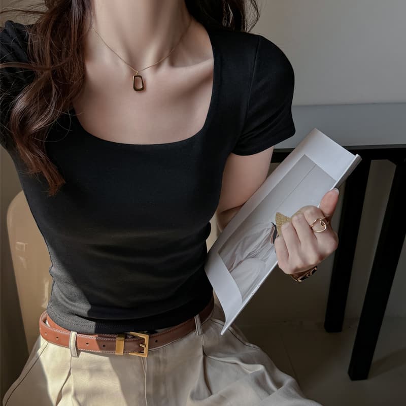 Korean Style Pure Cotton Square Neck Base Layer T-Shirt Women's Short Sleeve Slim Fit Top Sexy Fashion High-End Fitted Tee