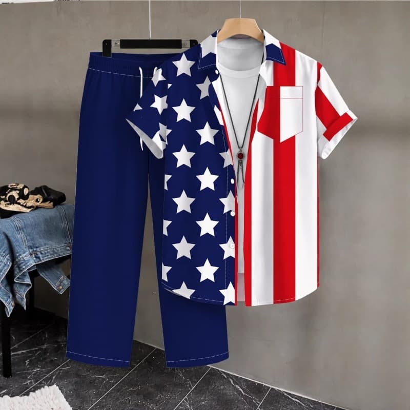 26 Cross-Border Independent Station Bestseller American Star-Spangled Banner Radial Print Shirt Set Casual Fashion Breathable T-Shirt