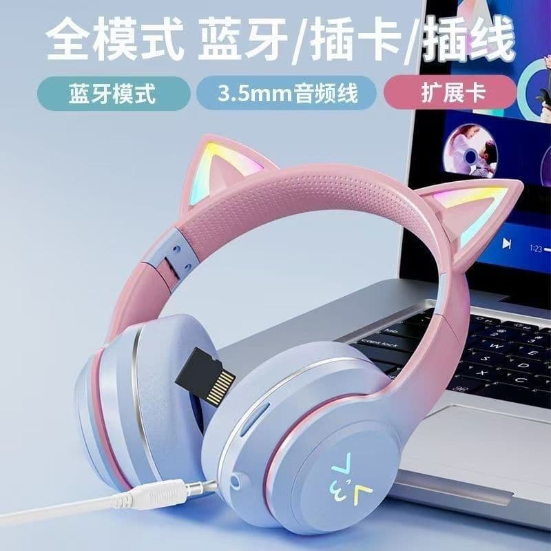 Glowing Foldable Wireless High-Quality Waterproof Gaming Bluetooth Headset with Cat Ears, Card Slot, for E-Sports
