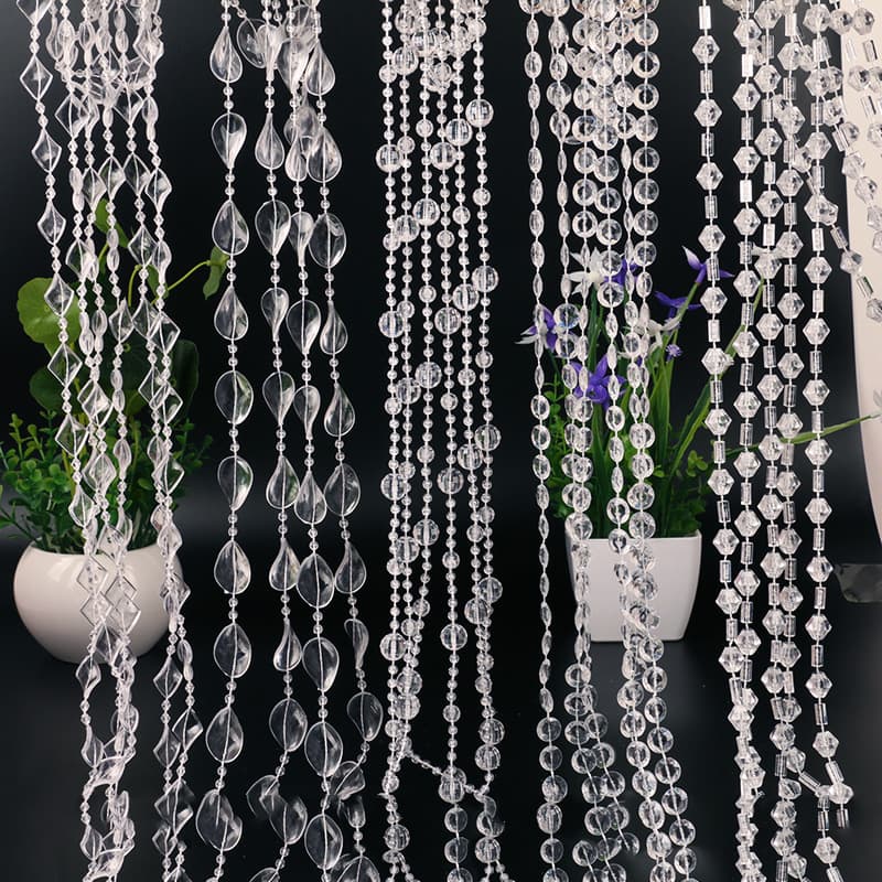 Acrylic beaded curtains, wedding aisle markers, crystal beaded wedding stage decorations, Christmas trees, and crystal bead chains.