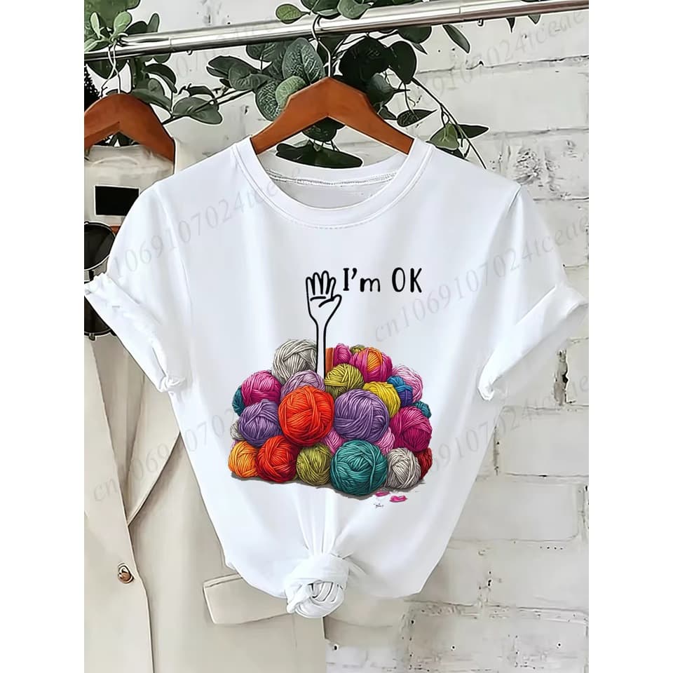 [European cotton T-shirt] I'm OK graphic women's T-shirt, suitable for both men and women, casual O-neck short-sleeved T-shirt, fashionable street style