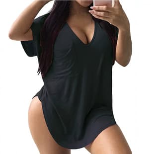 V-Neck T-Shirt with High Side Slits, Curved Hem, Loose Long Top, Plus Size Summer Women's Clothing