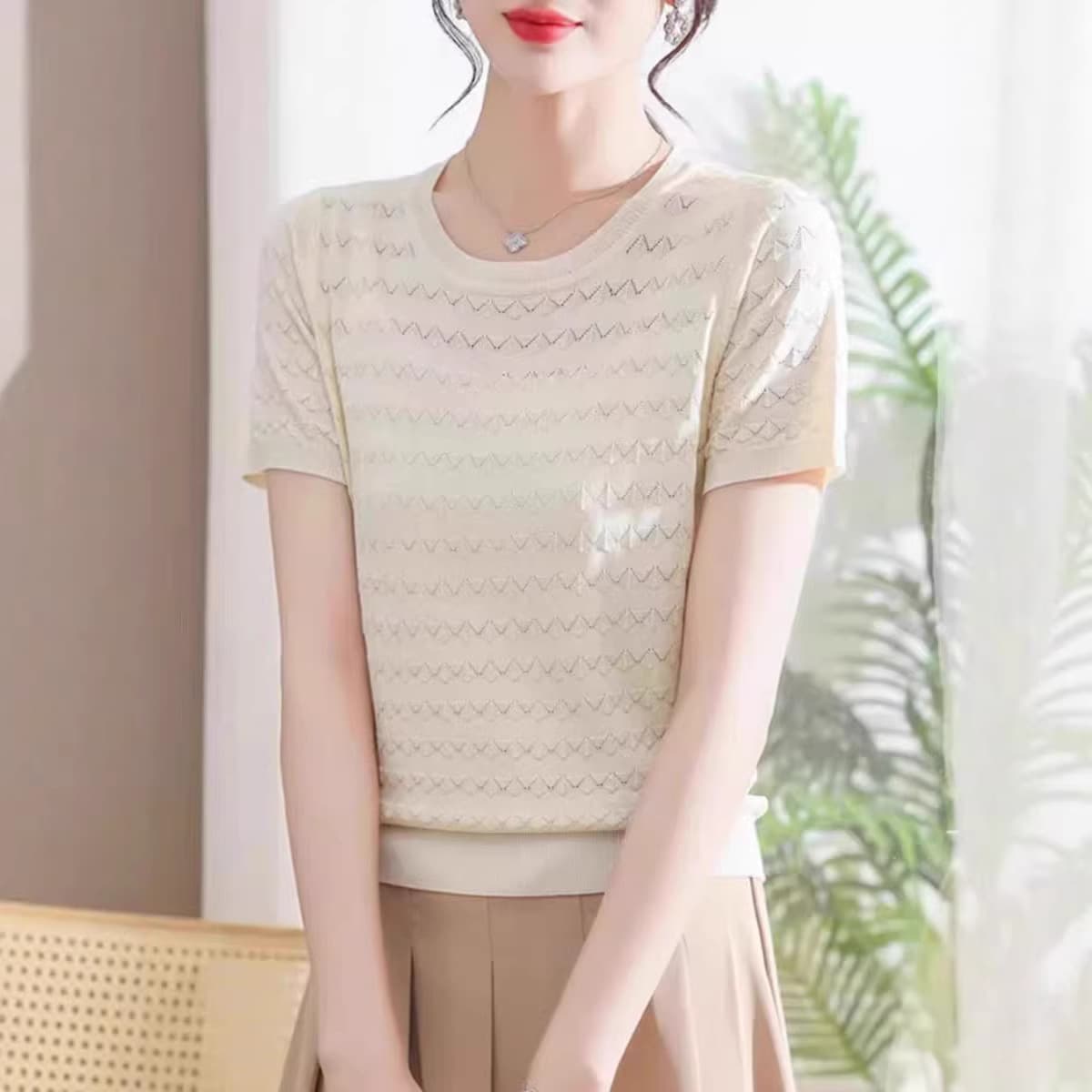 New Mulberry Silk Top Round Neck Striped Short Sleeve Ice Silk Knitwear Women's Summer Korean Style Casual Hollow Out T-Shirt