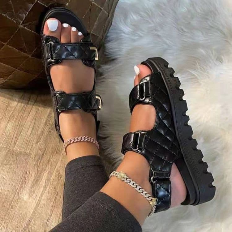 2024 foreign trade plus size Europe and the United States new style small style plaid hook and loop thick low sandals independent station beach sandals women