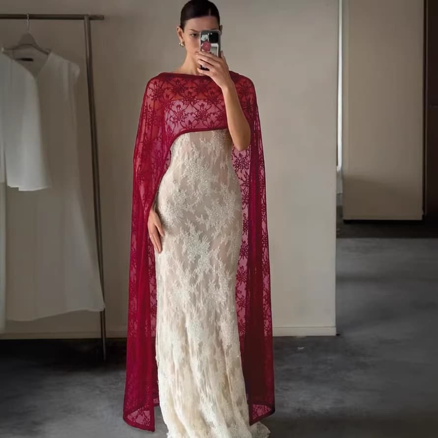 European and American Cross-Border Cocktail Party Sexy Sheer Lace Sleeveless Shawl Halter Neck Backless Long Cape with Ribbons
