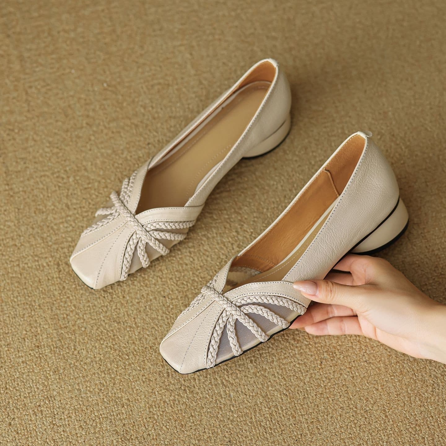 Soft Mesh Woven Shallow Mouth Women's Block Heel Shoes, Spring Autumn New Square Toe Versatile Leather Shoes, Other Kitten Heel